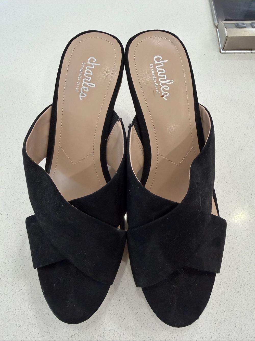Charles David Black Suede Crossband Slide Mules